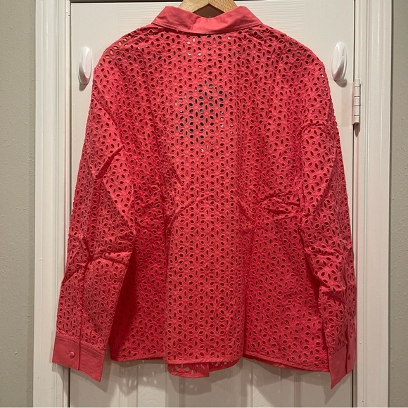 Susan Graver Button Up Shirt Women’s XL Coral Eyelet Cotton Long Sleeves Spring - Picture 2 of 8